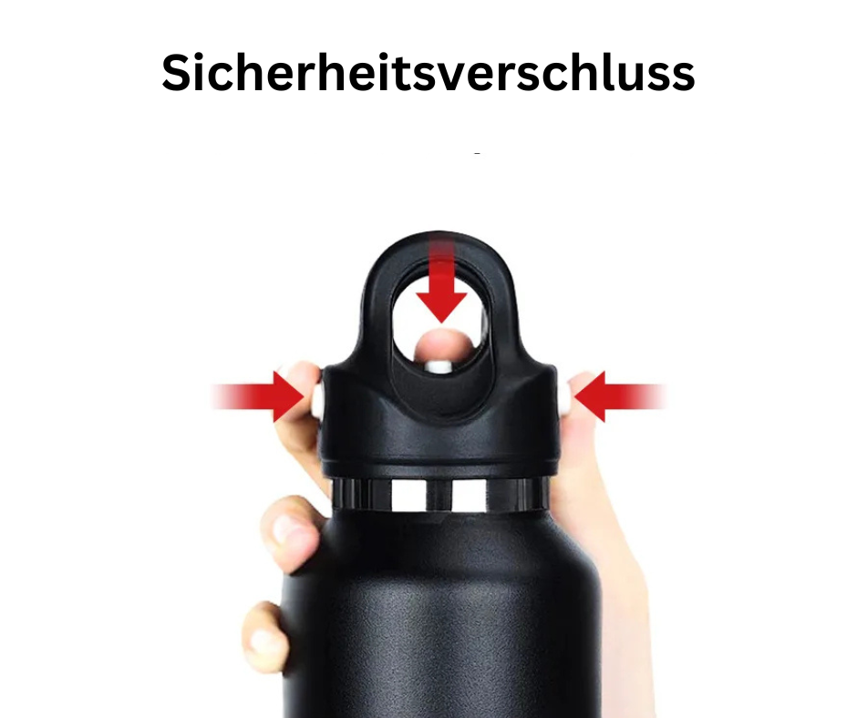 Das Bild zeigt den Sicherheitsverschluss einer schwarzen Thermosflasche, gehalten von einer Hand. Rote Pfeile deuten an, wo Druck ausgeuebt werden soll, um den Verschluss zu oeffnen.