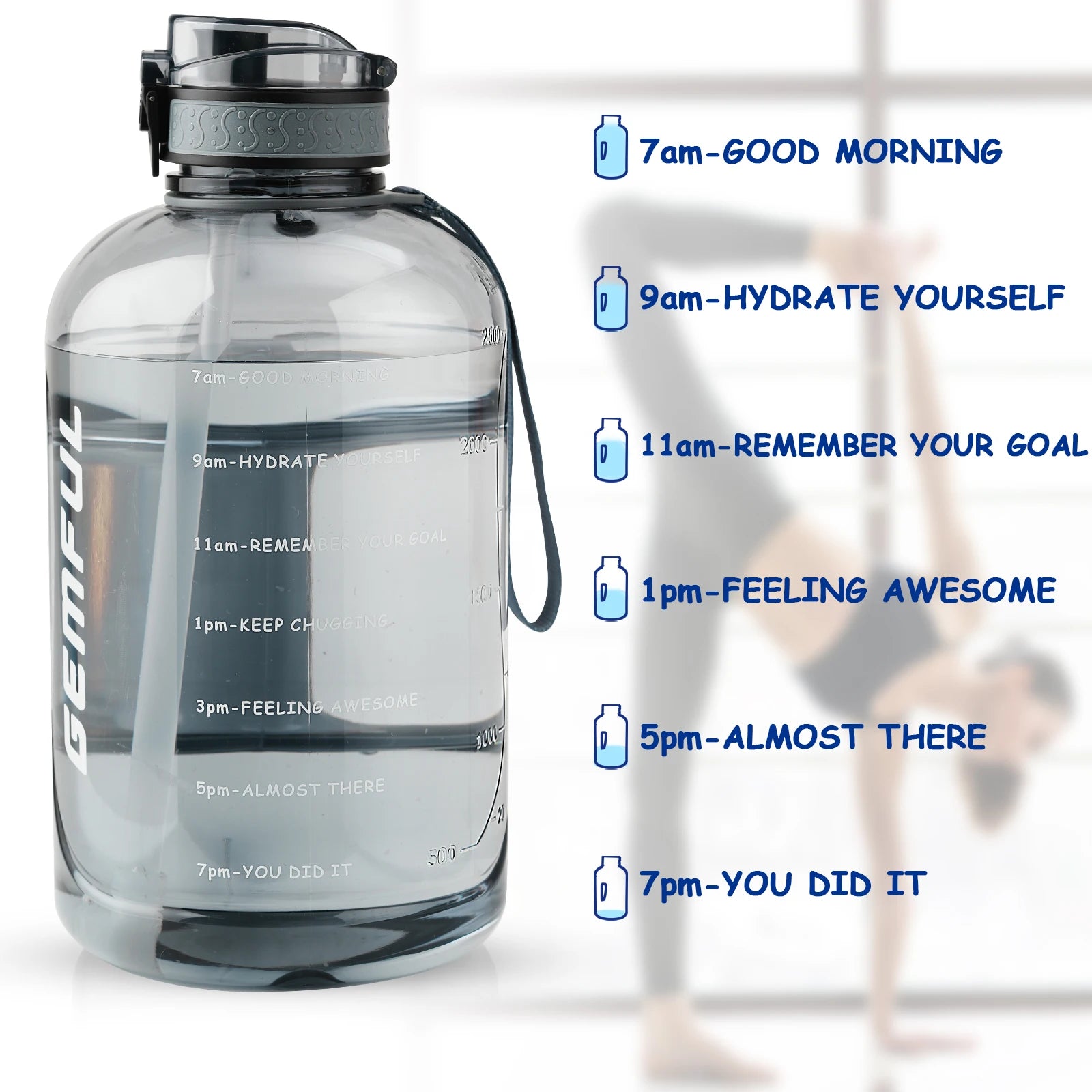 Eine transparente Wasserflasche mit Zeitmarkierungen und motivierenden Nachrichten neben Icons, die den Tagesplan fürs Wassertrinken darstellen.
