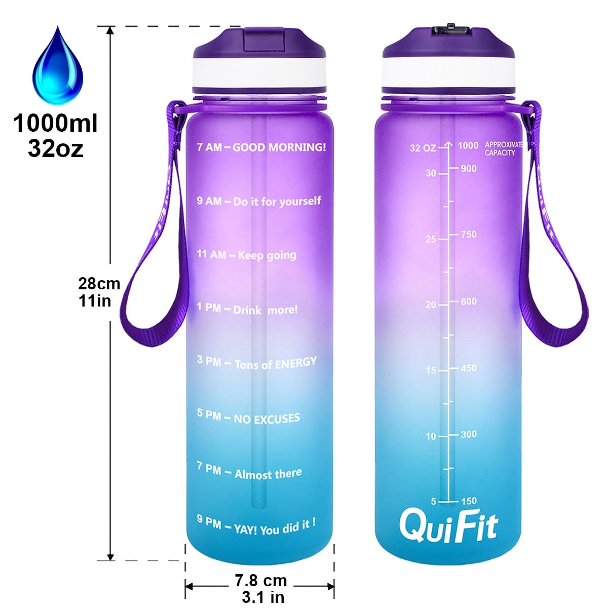 Eine lila Farbverlauf-Sporttrinkflasche mit motivierenden Zeitmarkierungen, angegebenen Dimensionen von 28cm Hoehe und 7.8cm Durchmesser, einem Fassungsvermoegen von 1000ml und einer violetten Trageschlaufe. Oben ist ein Wassertroepfchen-Symbol mit der Aufschrift "1000ml", und unten rechts befindet sich das Markenlogo "QuiFit".