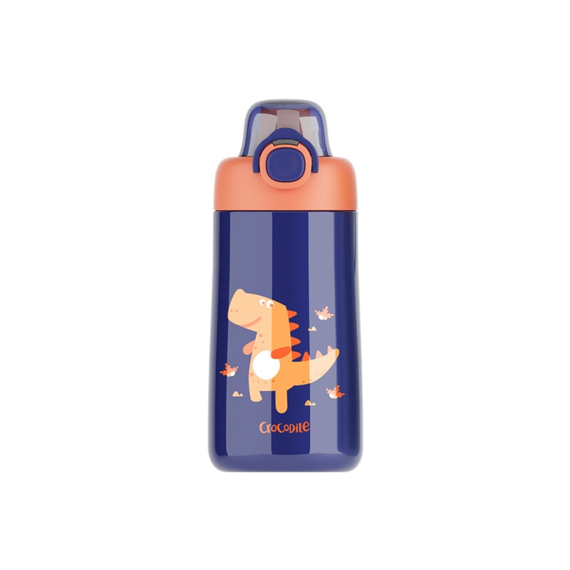 Eine Kinderthermosflasche in Blau und Orange mit einem Krokodil-Motiv. Der Deckel hat eine Trinkoeffnung und einen Tragegriff.