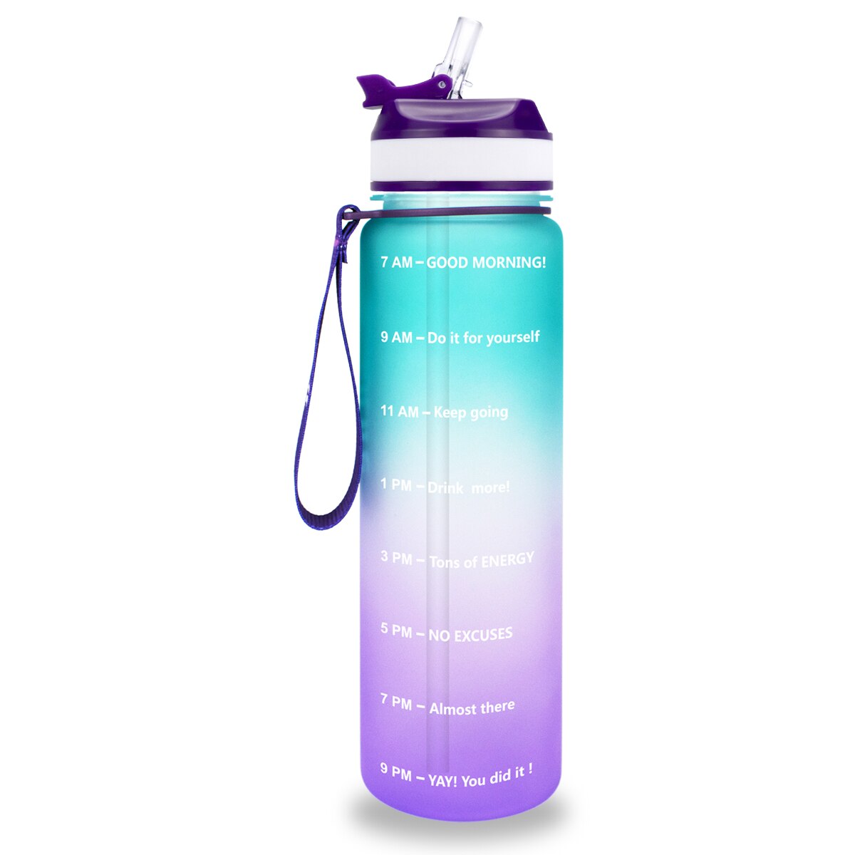 Eine gruen-violette Sporttrinkflasche mit einer Zeitmarkierungen sowie motivierenden Spruechen für verschiedene Tageszeiten. Die Flasche hat eine violette Trageschlaufe und einen Deckel mit einem aufklappbaren Trinkverschluss.