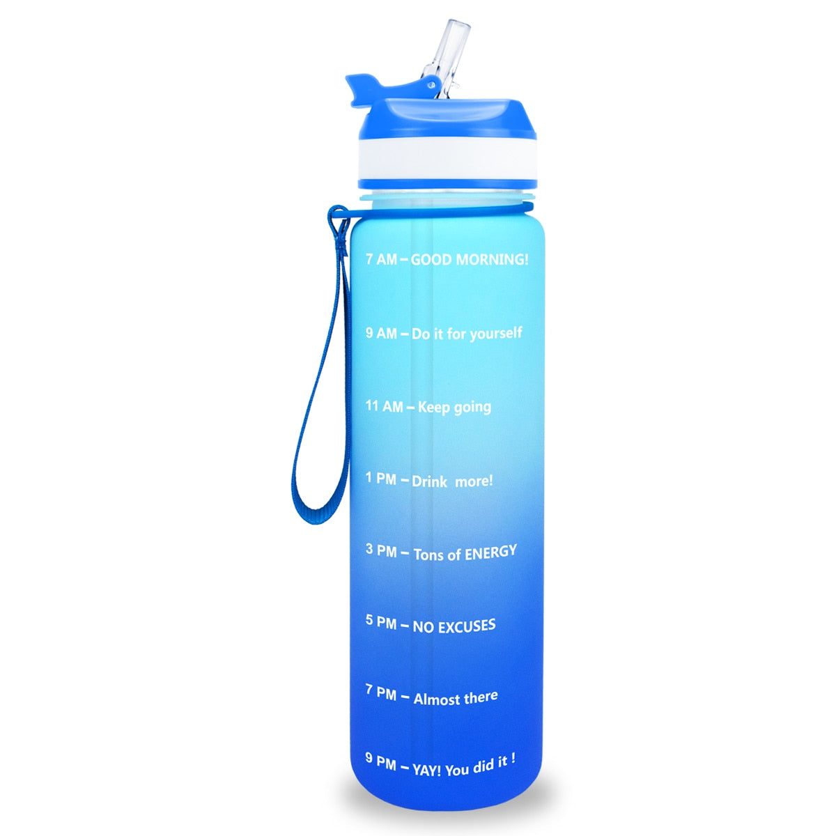 Eine gruen-blaue Sporttrinkflasche mit einer Zeitmarkierungen sowie motivierenden Spruechen für verschiedene Tageszeiten. Die Flasche hat eine blaue Trageschlaufe und einen Deckel mit einem aufklappbaren Trinkverschluss.