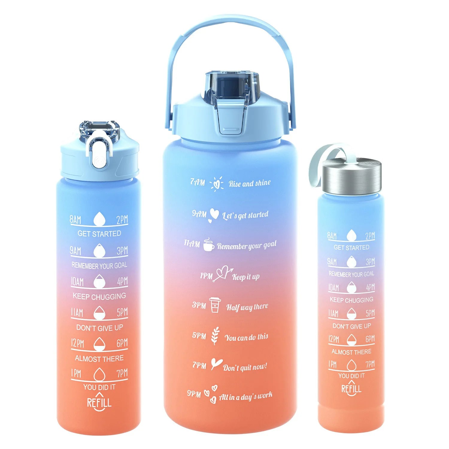 Das Bild zeigt drei Sporttrinkflaschen unterschiedlicher groesen mit farblichen Verlaeufen von blau zu orange und Zeitmarkierungen.