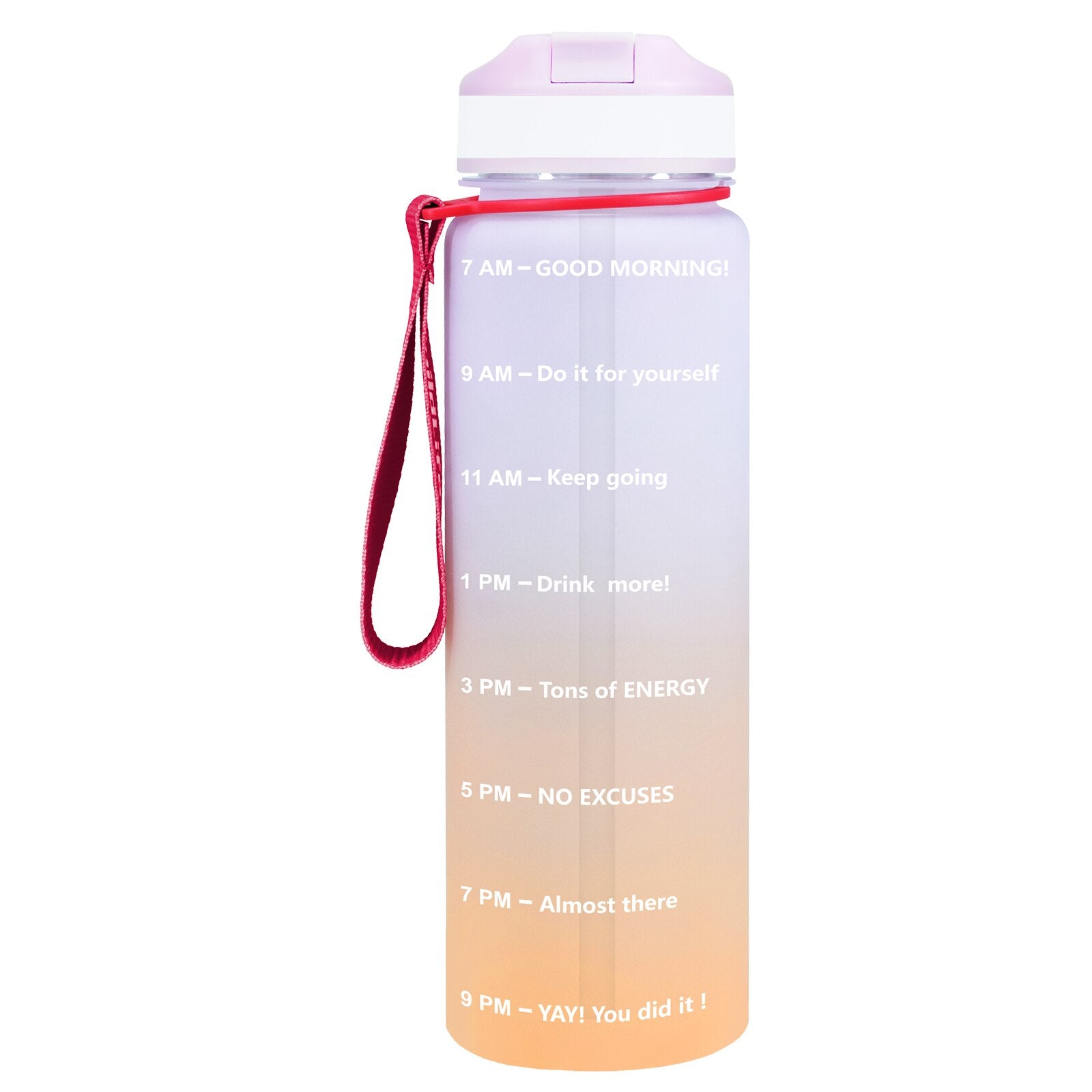 Eine pink-orange Sporttrinkflasche mit einer Zeitmarkierungen sowie motivierenden Spruechen für verschiedene Tageszeiten. Die Flasche hat eine rote Trageschlaufe und einen Deckel mit einem aufklappbaren Trinkverschluss.
