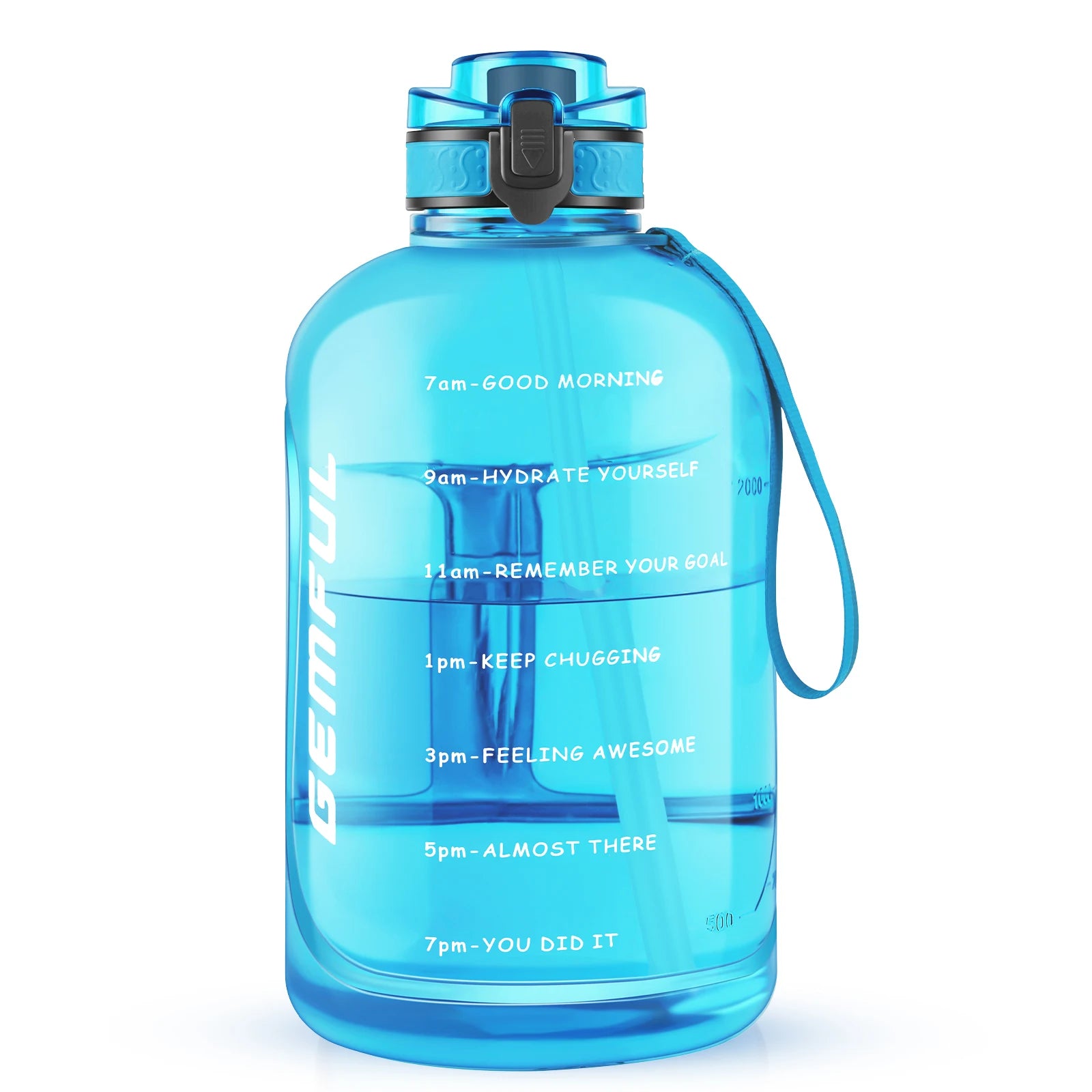 Eine blaufarbene Wasserflasche mit Zeitmarkierungen und motivierenden Botschaften auf weißem Hintergrund.