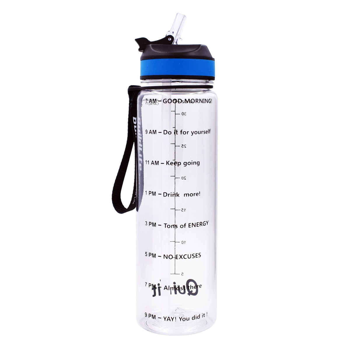 Eine transparente Sporttrinkflasche mit einer Zeitmarkierungen sowie motivierenden Spruechen für verschiedene Tageszeiten. Die Flasche hat eine schwarze Trageschlaufe und einen Deckel mit einem aufklappbaren Trinkverschluss.