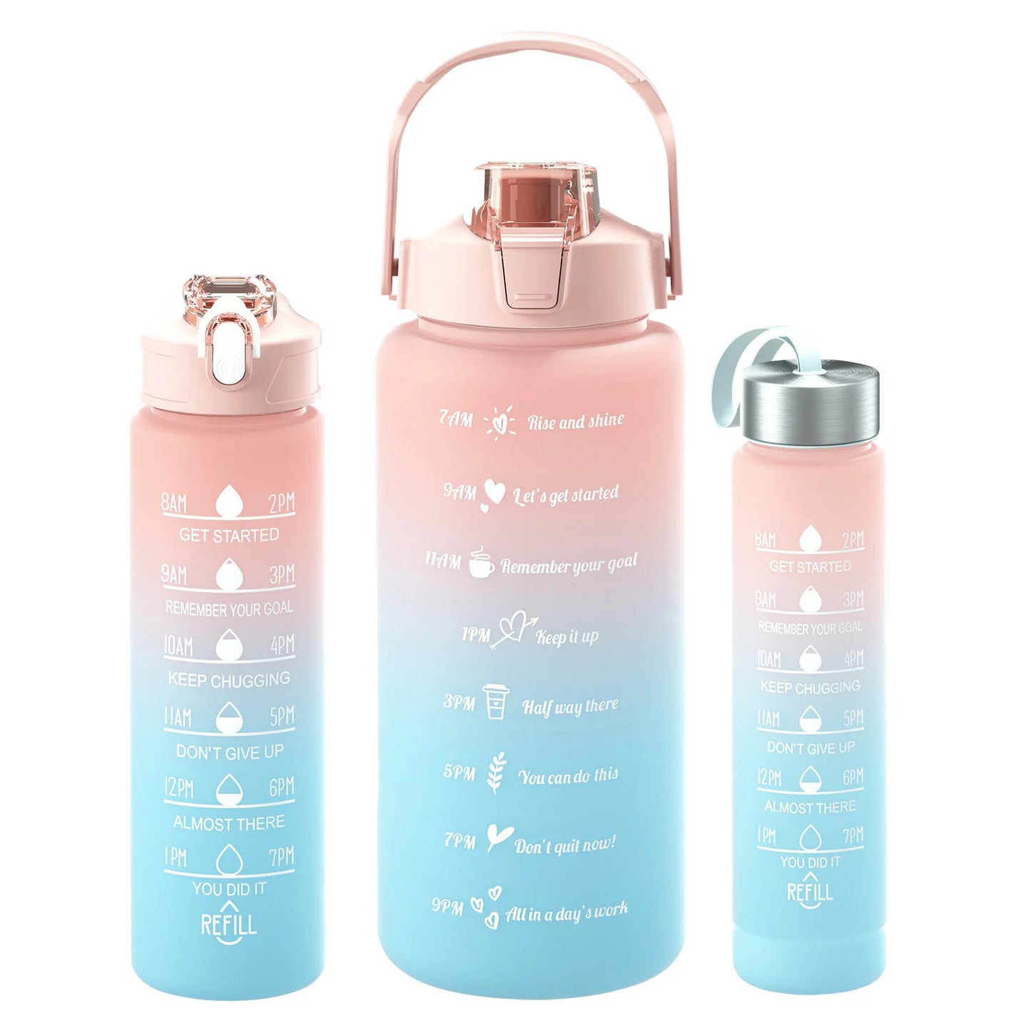 Das Bild zeigt drei Sporttrinkflaschen unterschiedlicher groesen mit farblichen Verlaeufen von pink  zu blau und Zeitmarkierungen.