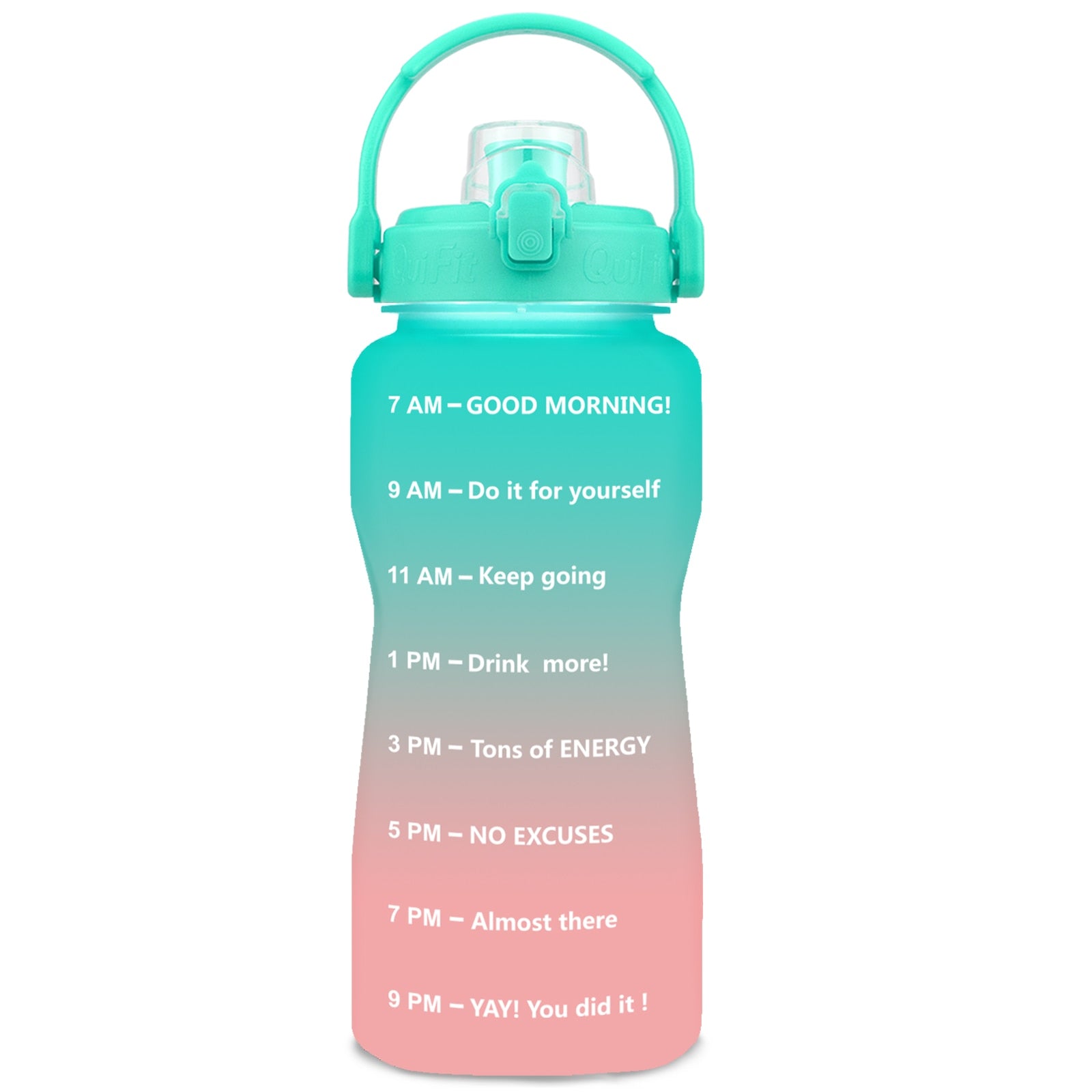 Eine Sporttrinkflasche mit einem Farbverlauf von Gruen zu Pink, beschriftet mit Zeitmarkierungen und motivierenden Nachrichten vom fruehen Morgen bis zum Abend. Sie hat einen Gruenen Tragegriff und Verschluss.