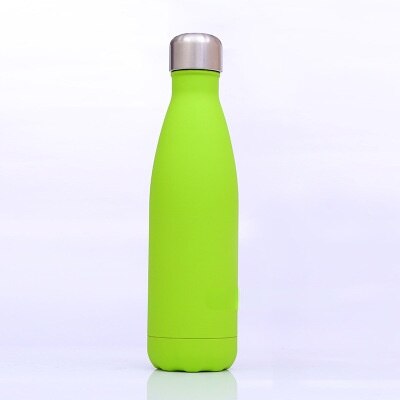 Das Bild zeigt eine gruene Edelstahl-Thermosflasche mit einem silbernen Deckel.