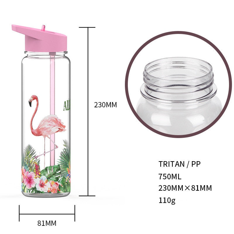  Das Bild zeigt eine transparente Kindertrinkflasche mit einem Flamingo-Design, 230mm hoch, 81mm Durchmesser, aus Tritan und PP, 750ml Volumen, 110g schwer.