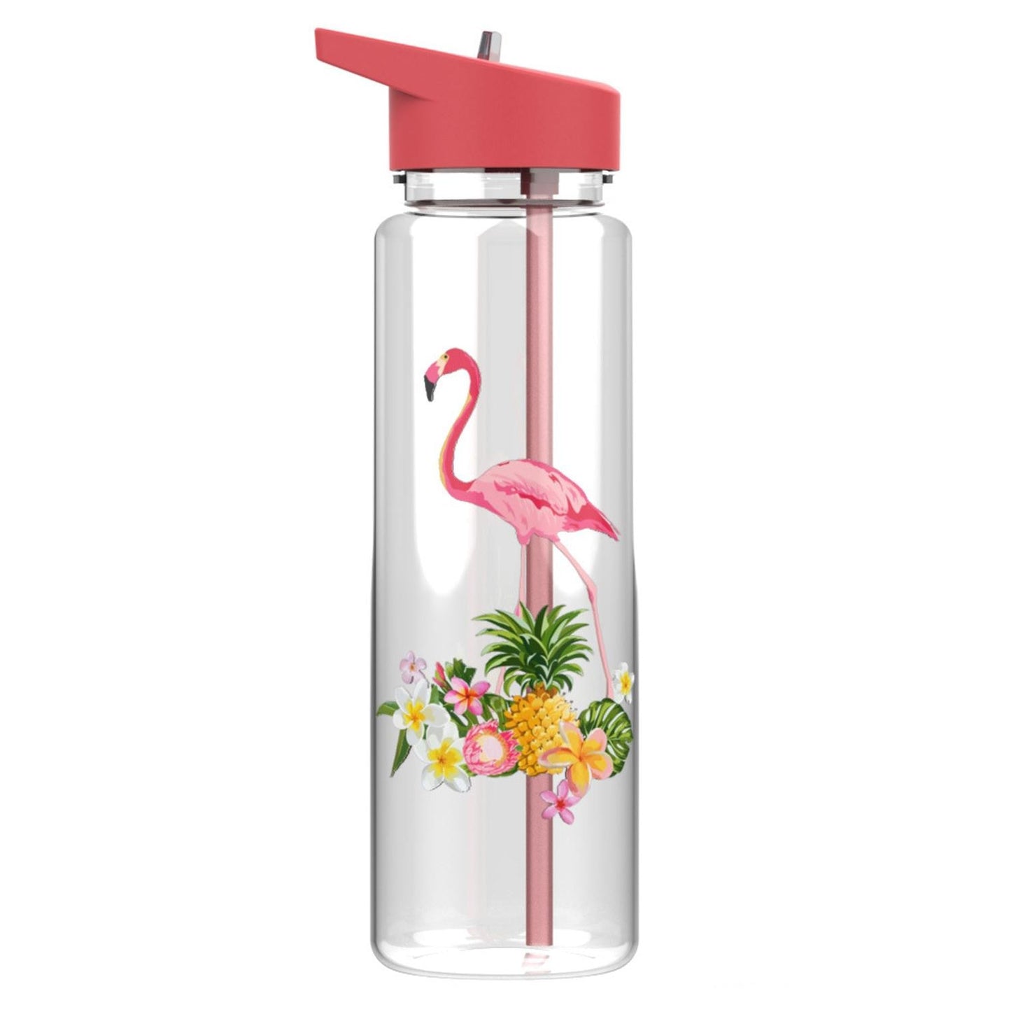 Eine transparente Kindertrinkflasche mit einem rotem Deckel und einem Flamingo-Design, umgeben von tropischen Pflanzen.