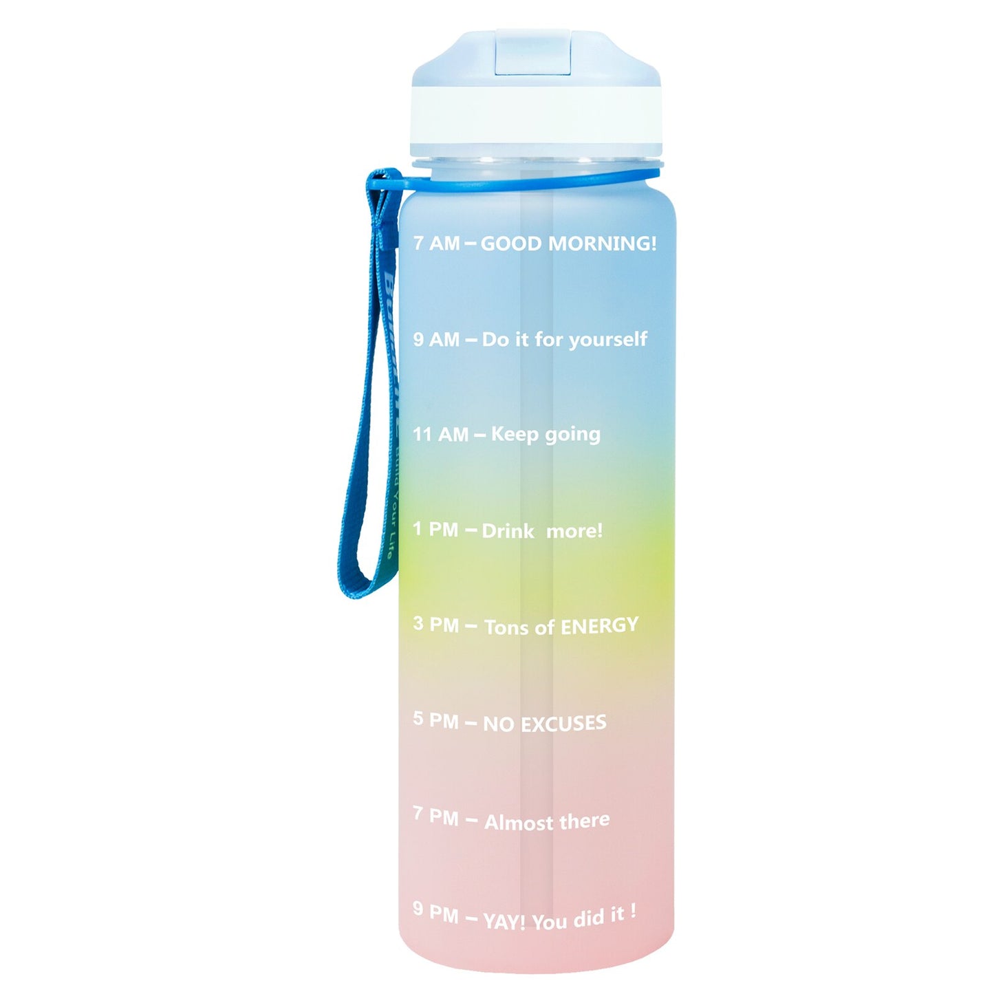 Eine blau-gelb-pinke Sporttrinkflasche mit einer Zeitmarkierungen sowie motivierenden Spruechen für verschiedene Tageszeiten. Die Flasche hat eine blaue Trageschlaufe und einen Deckel mit einem aufklappbaren Trinkverschluss.