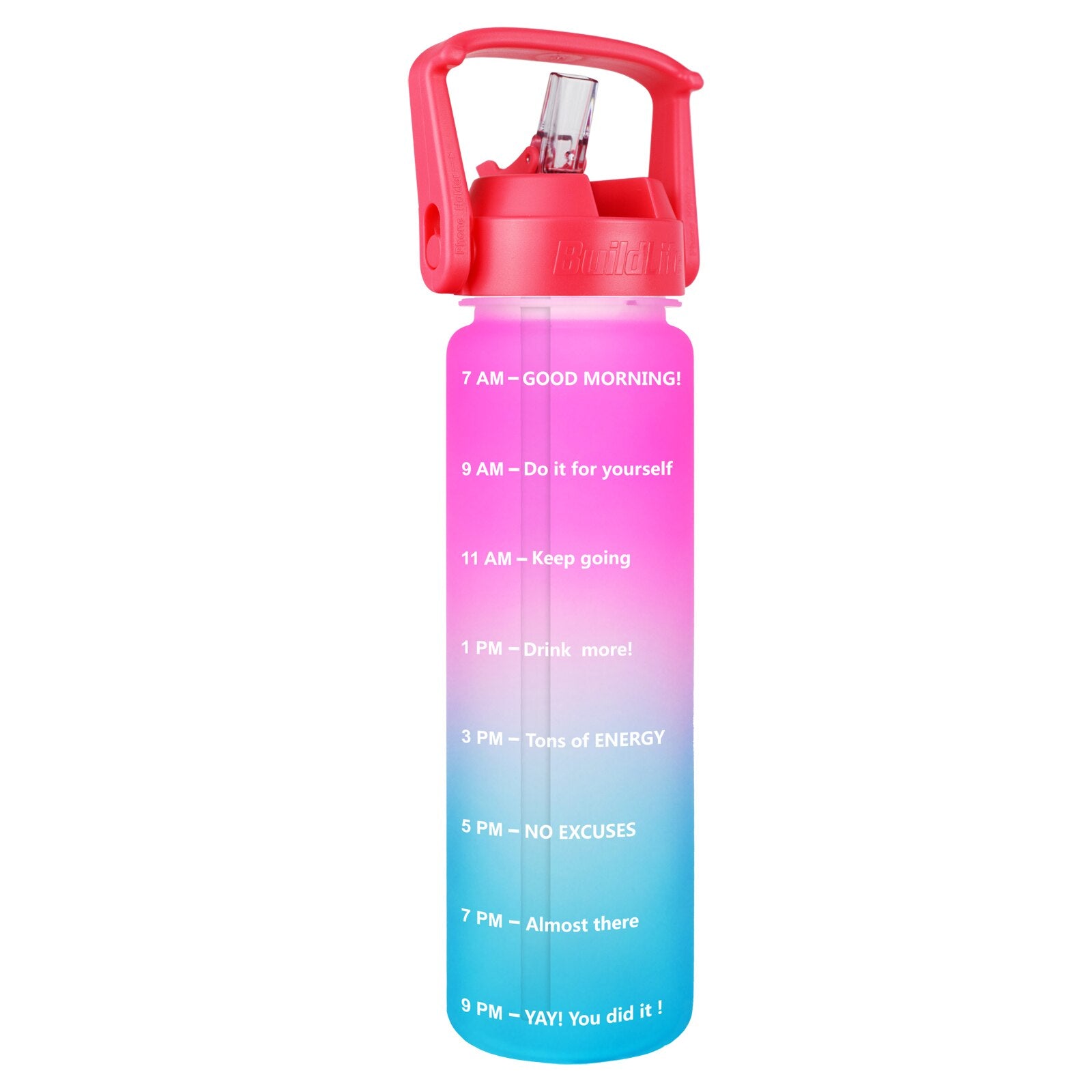 Eine Sporttrinkflasche mit einem Farbverlauf von Rot zu Tuerkis, ausgestattet mit einem grossen Henkel und mit Zeitmarkierungen zur Fluessigkeitsueberwachung. Unten ist das Markenlogo "QuiFit" zu sehen.