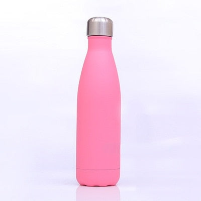 Das Bild zeigt eine pinke Edelstahl-Thermosflasche mit einem silbernen Deckel.
