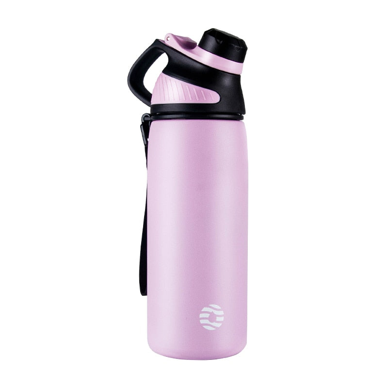 Das Bild zeigt eine lila Edelstahl-Thermosflasche mit einem schwarzem Deckel und Griff sowie einer Befestigungsschlaufe.