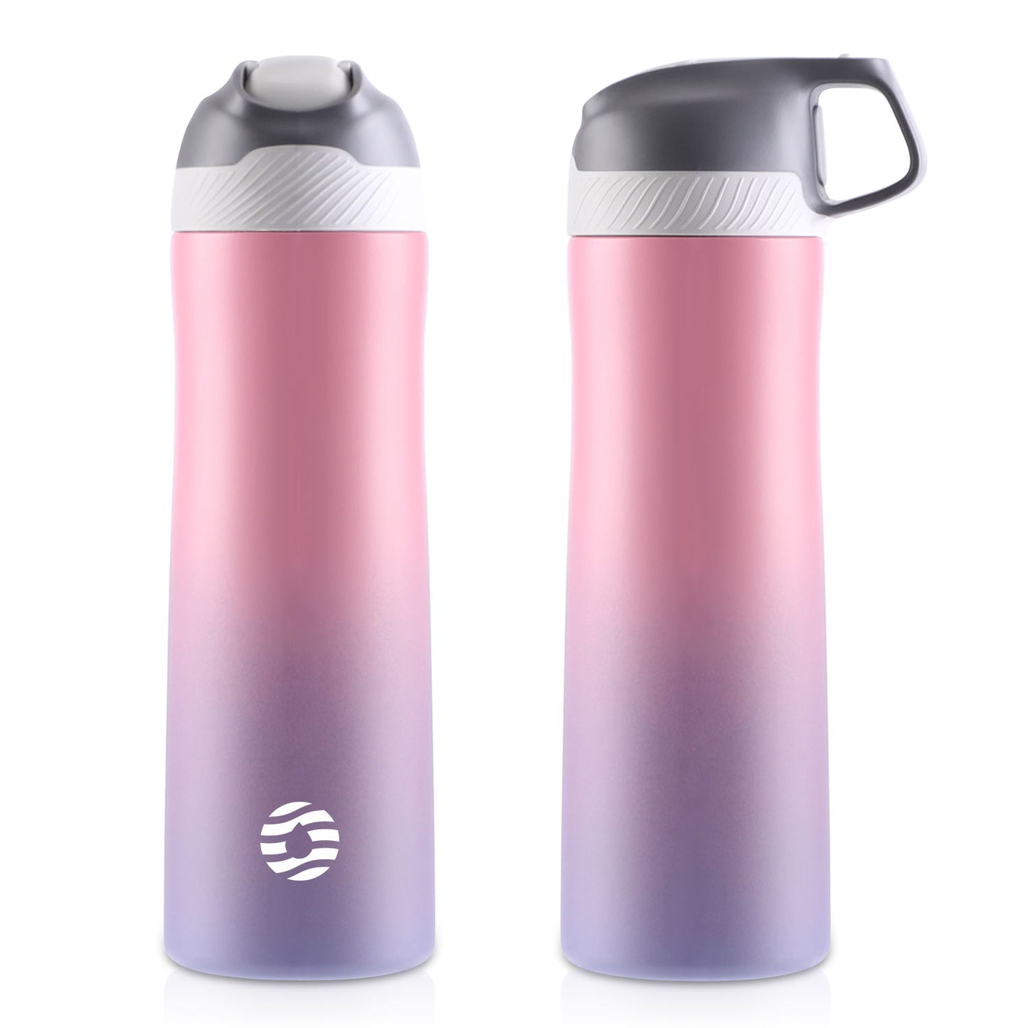 Das Bild zeigt zwei pinke Edelstahl-Thermosflaschen mit einem Farbverlauf von pink zu lila, eine mit geschlossenem und eine mit integriertem Griff im Deckel.