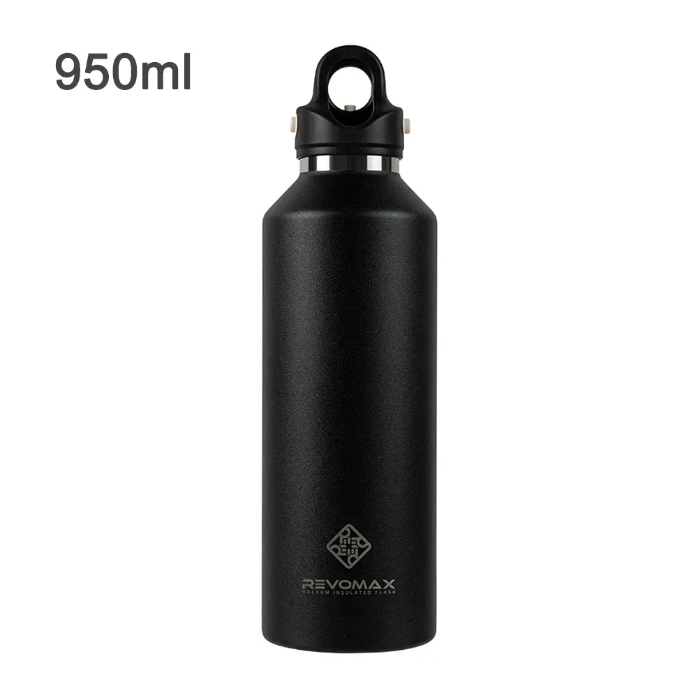 Das Bild zeigt eine schwarze Edelstahl-Thermosflasche der Marke Revomax mit einem Fassungsvermoegen von 950 ml.