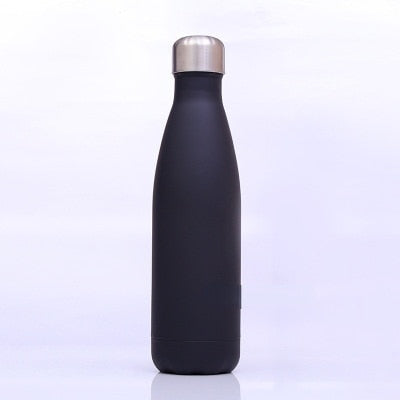 Das Bild zeigt eine schwarze Edelstahl-Thermosflasche mit einem silbernen Deckel.