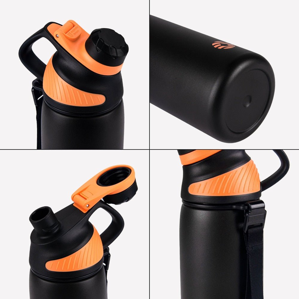 Vier Nahaufnahmen einer schwarzen Thermosflasche mit orangefarbenen Elementen: den Verschluss mit Drehmechanismus, den Boden der Flasche, den offenen Deckel mit Tragegriff und einen Teil der Flasche mit einer Befestigungsschlaufe.