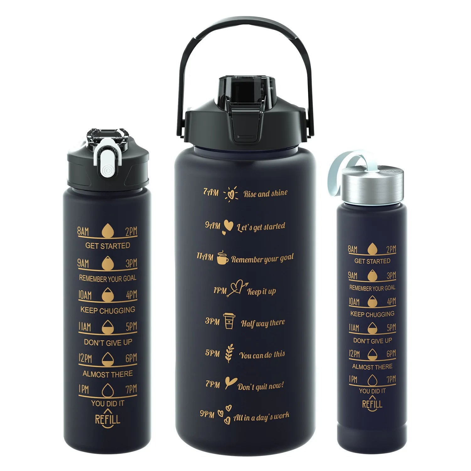 Das Bild zeigt drei schwarze Sporttrinkflaschen unterschiedlicher groesen und Zeitmarkierungen.