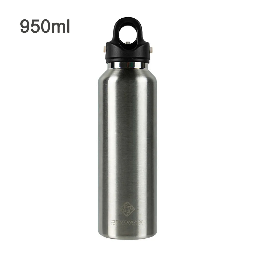 Das Bild zeigt eine silberne Edelstahl-Thermosflasche der Marke Revomax mit einem Fassungsvermoegen von 950 ml.