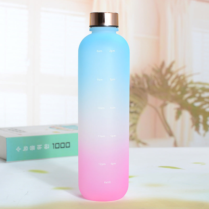 Eine Trinkflasche mit einem Farbverlauf von Blau am oberen Ende zu Pink am unteren Ende und einem silbernen Deckel. Die Flasche hat weisse Zeitmarkierungen auf der Seite. Sie steht auf einer Oberflaeche mit einer unscharfen, hellen Umgebung und einer Pflanze im Hintergrund.