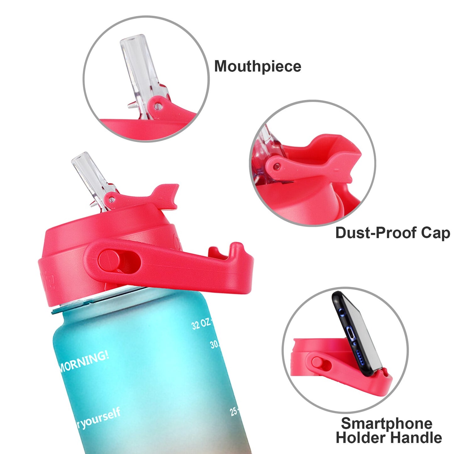 Nahaufnahmen von Teilen einer roten Sporttrinkflasche: Mundstueck, staubdichte Kappe und ein Griff, der gleichzeitig als Smartphonehalter dient.