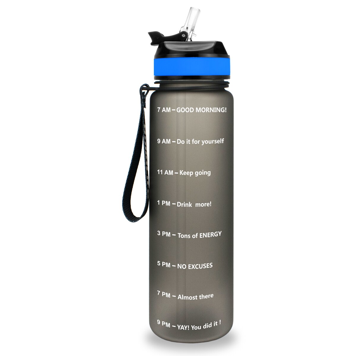Eine schwarze Sporttrinkflasche mit einer Zeitmarkierungen sowie motivierenden Spruechen für verschiedene Tageszeiten. Die Flasche hat eine schwarze Trageschlaufe und einen Deckel mit einem aufklappbaren Trinkverschluss.