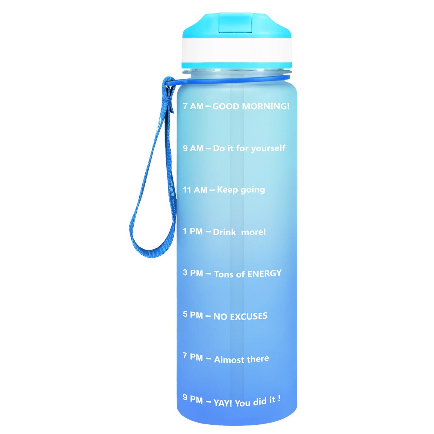 Eine blaue Sporttrinkflasche mit einer Zeitmarkierungen sowie motivierenden Spruechen für verschiedene Tageszeiten. Die Flasche hat eine blaue Trageschlaufe und einen Deckel mit einem aufklappbaren Trinkverschluss.