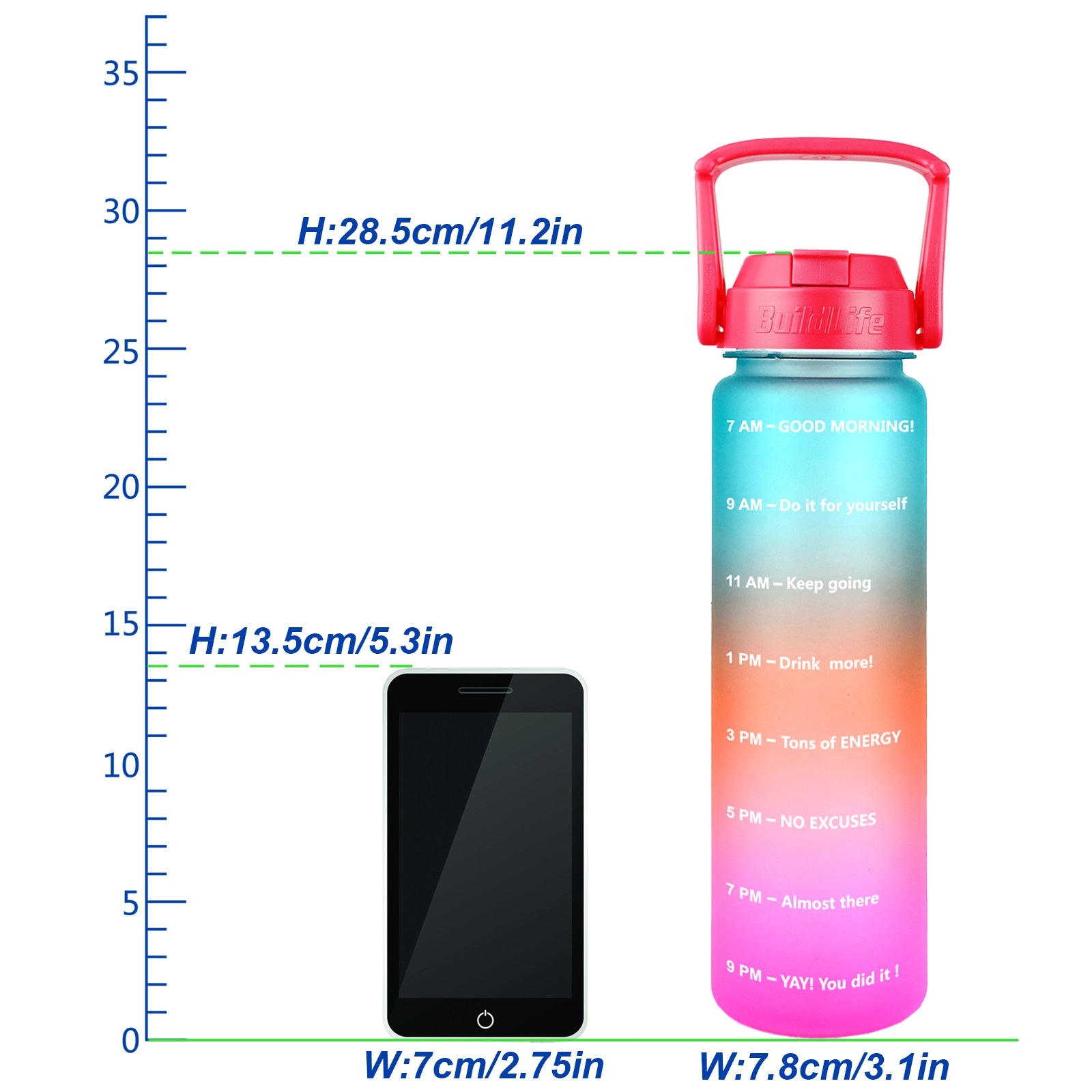 Eine Grafik zeigt eine farbverlaufende Sporttrinkflasche neben einer Massskala mit Groessenangaben. Die Flasche ist mit motivierenden Zeitmarkierungen versehen. Neben der Flasche ist zur Groessenreferenz ein Smartphone abgebildet.