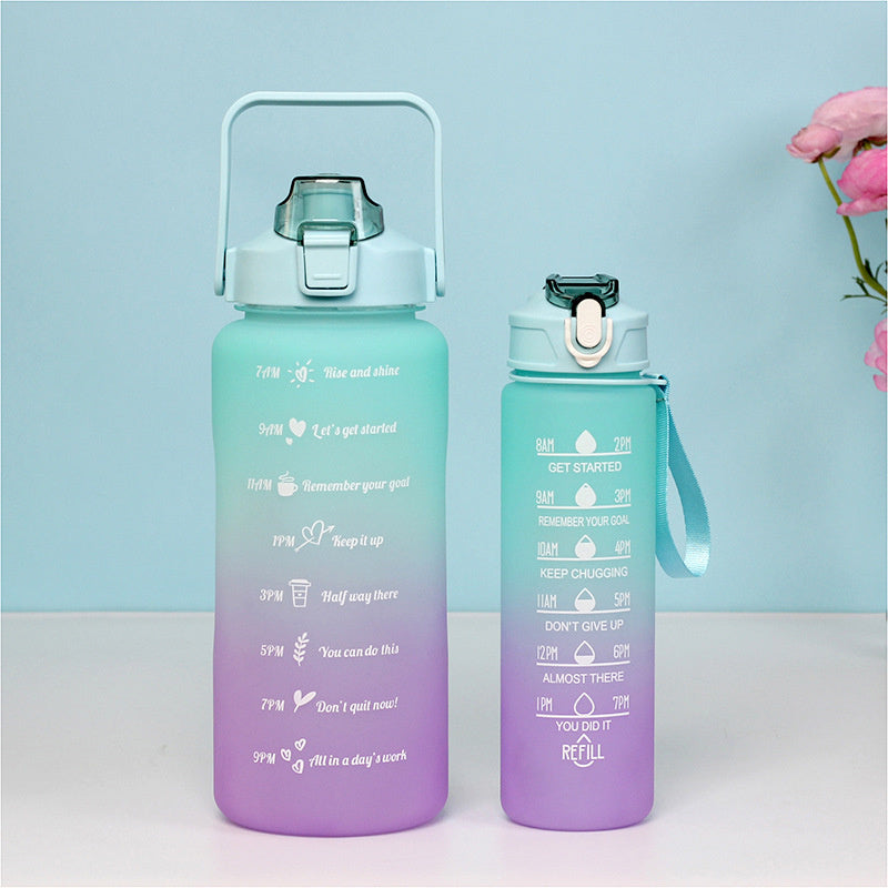 Zwei verlaufsfarbene Sporttrinkflaschen, eine groesser in Violett und Gruen , die andere kleiner in Violett und Gruen , mit Zeitmarkierungen, vor einem pastellblauen Hintergrund mit rosa Blumen.