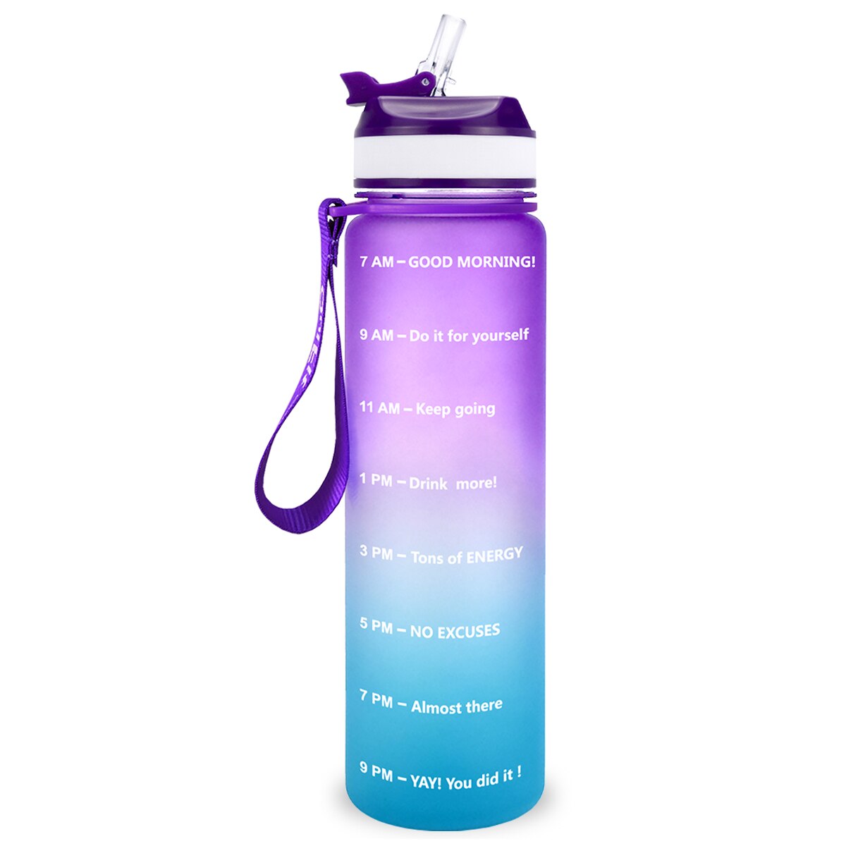 Eine violett-blaue Sporttrinkflasche mit einer Zeitmarkierungen sowie motivierenden Spruechen für verschiedene Tageszeiten. Die Flasche hat eine violette Trageschlaufe und einen Deckel mit einem aufklappbaren Trinkverschluss.