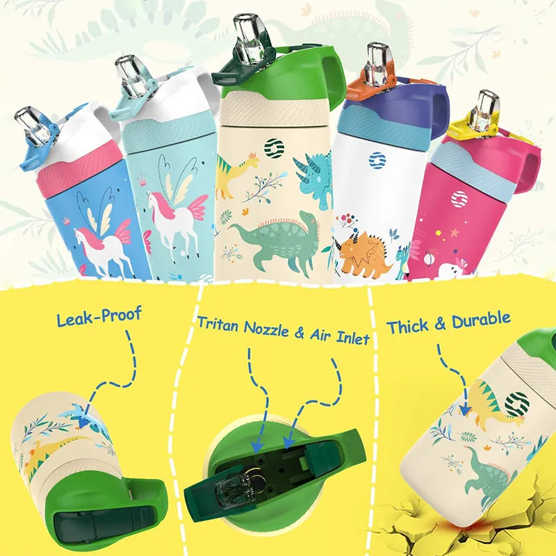 Farbige Kinder-Thermosflaschen mit Tiermotiven, hervorgehoben durch Merkmale wie auslaufsicher, Tritan-Deckek & Luftzufuhr sowie Dicke & Haltbarkeit, praesentiert auf einem illustrierten Hintergrund.