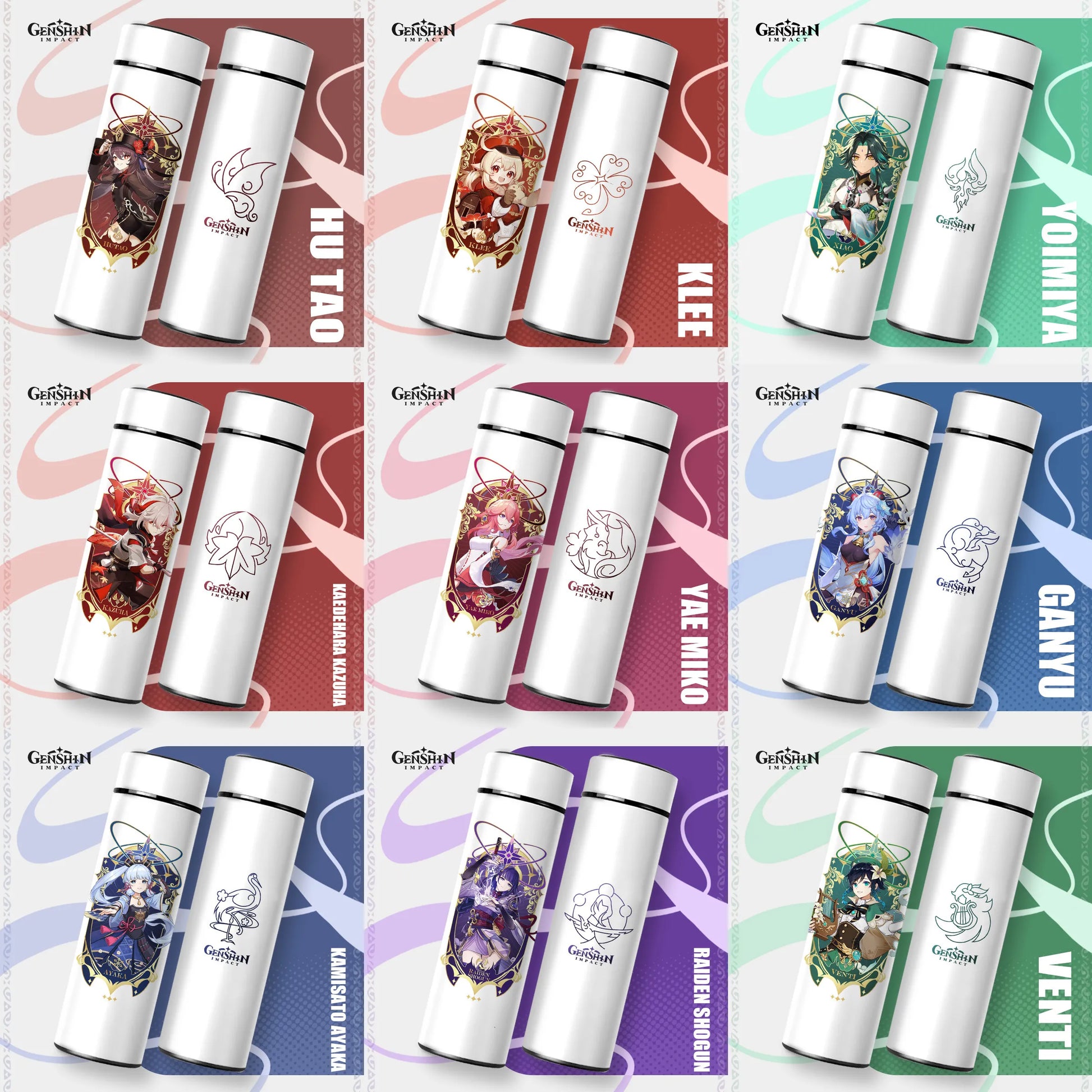 Eine Kollektion von neun weißen Thermosflaschen, jede verziert mit einem anderen Charakter und Namen aus dem Spiel "Genshin Impact", angeordnet in einem 3x3 Raster auf einem farblich hinterlegten Hintergrund.