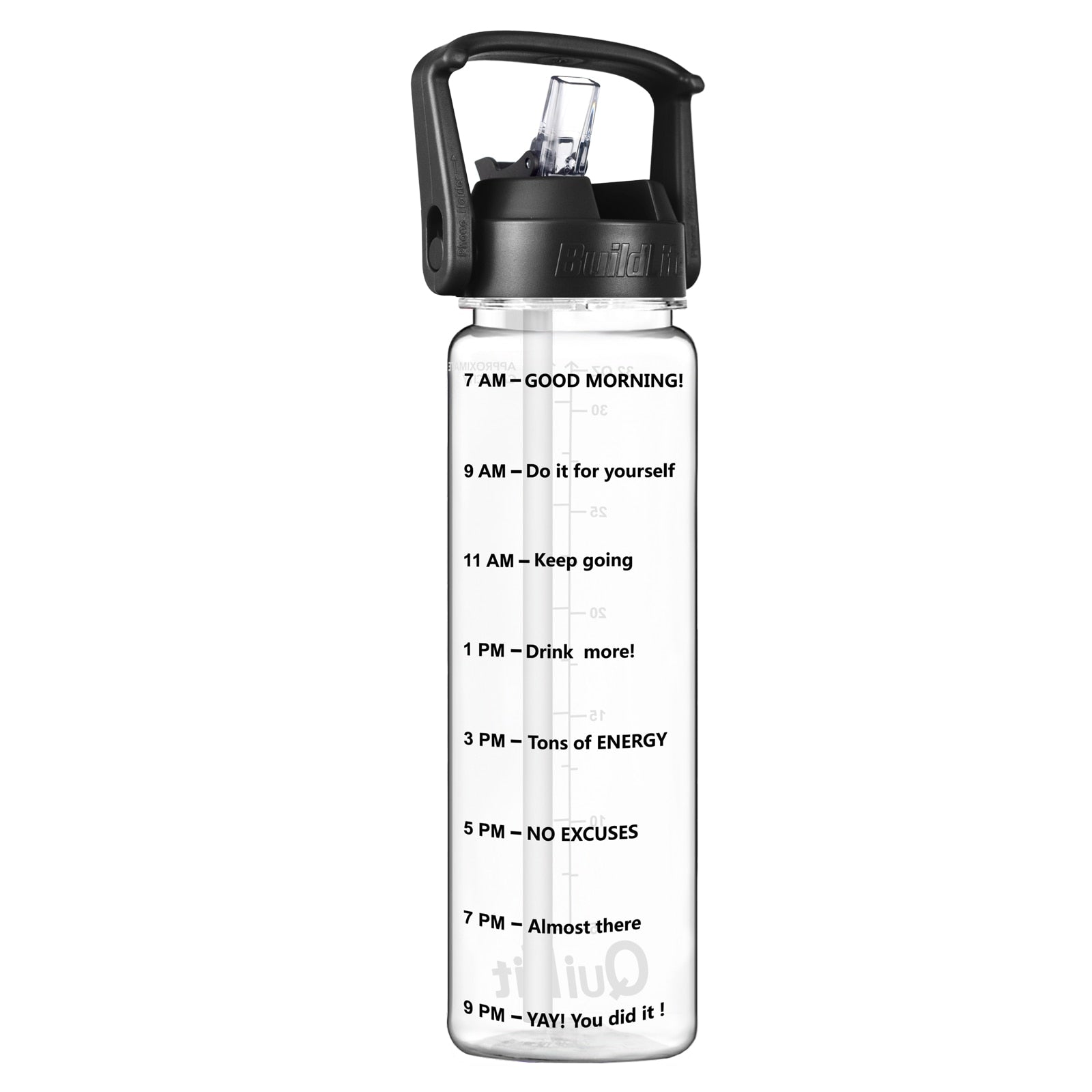Eine transparente Sporttrinkflasche mit einem Schwarzem Deckel, ausgestattet mit einem grossen Henkel und mit Zeitmarkierungen zur Fluessigkeitsueberwachung. Unten ist das Markenlogo "QuiFit" zu sehen.