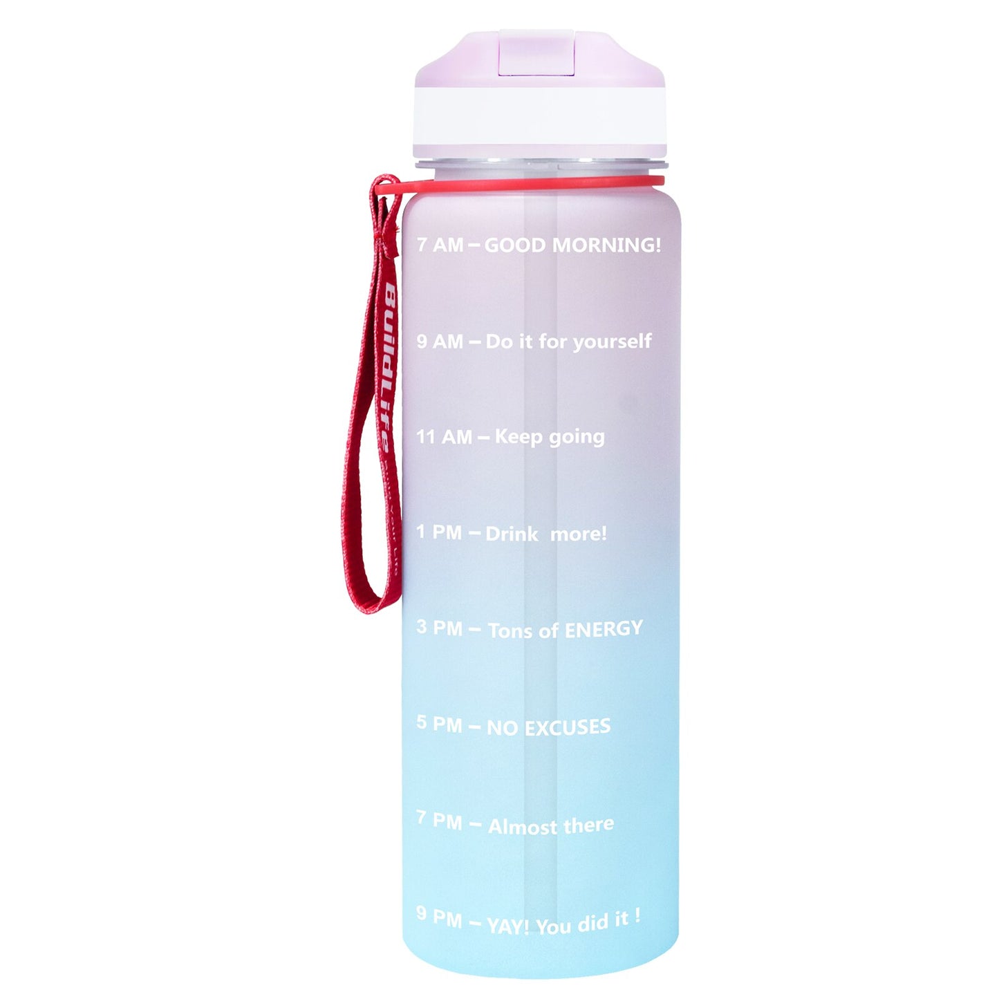 Eine pink-blaue Sporttrinkflasche mit einer Zeitmarkierungen sowie motivierenden Spruechen für verschiedene Tageszeiten. Die Flasche hat eine rote Trageschlaufe und einen Deckel mit einem aufklappbaren Trinkverschluss.