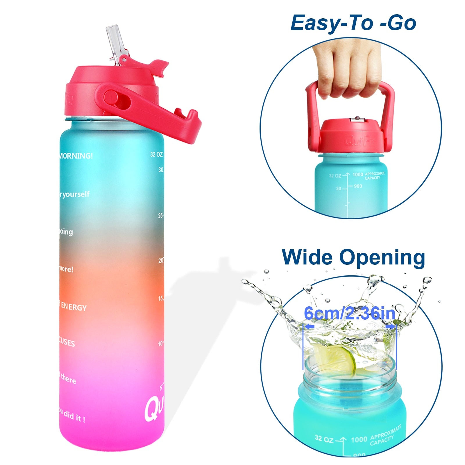 Die Grafik zeigt eine Sporttrinkflasche mit Farbverlauf von Tuerkis ueber Orange zu Pink und hervorgehobenen Merkmalen: ein leicht zu tragender Griff und eine weite Oeffnung, illustriert durch Wasser, das in die Flasche gegossen wird.