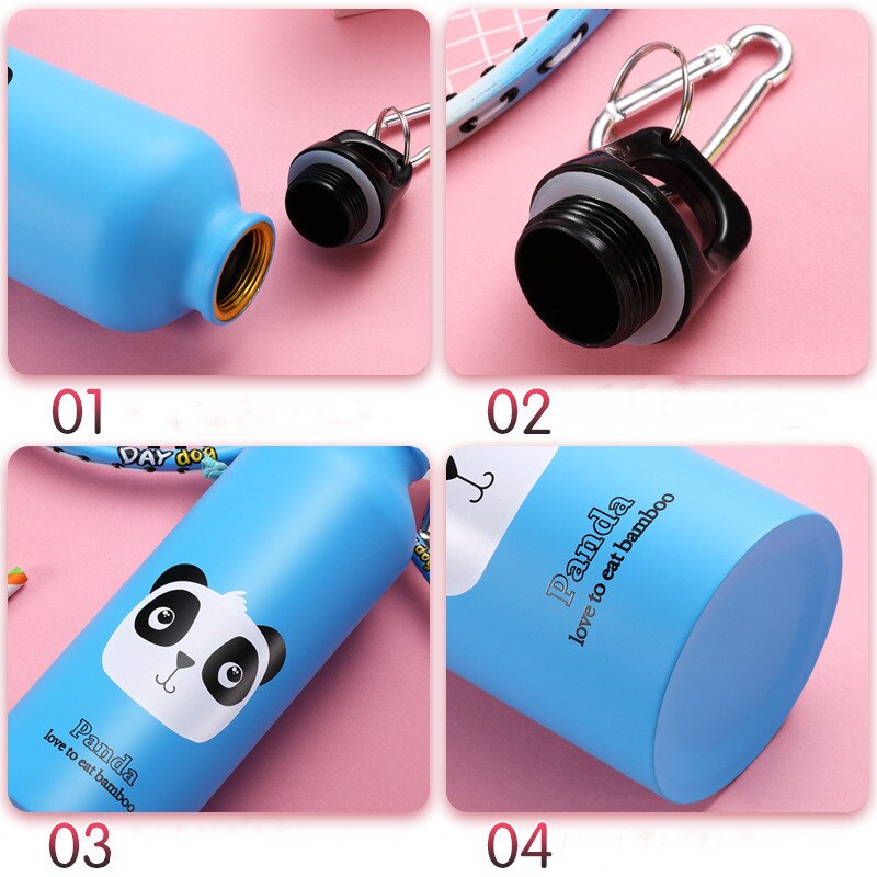 eine blaue Kindertrinkflasche mit Panda-Motiv und Details wie Deckel, Karabiner und offenem Verschluss.