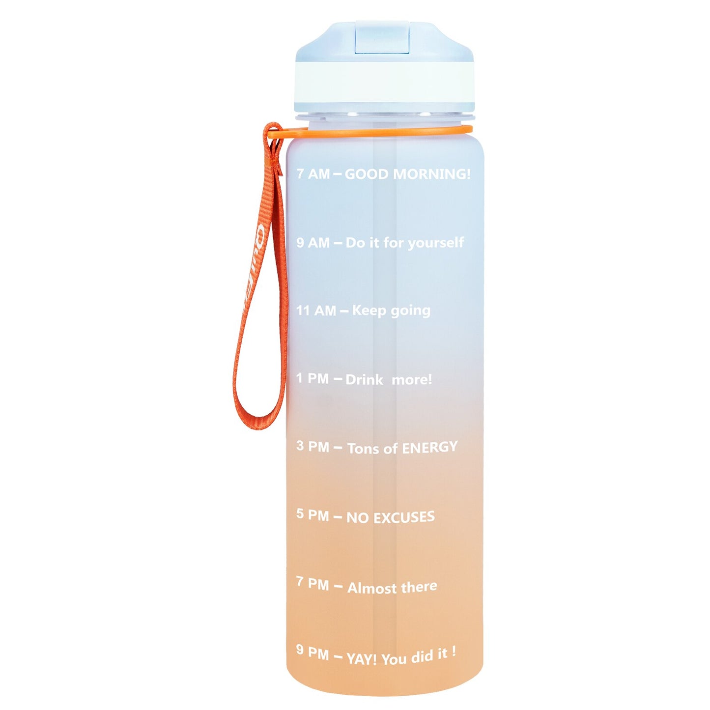 Eine orange-blaue Sporttrinkflasche mit einer Zeitmarkierungen sowie motivierenden Spruechen für verschiedene Tageszeiten. Die Flasche hat eine orange Trageschlaufe und einen Deckel mit einem aufklappbaren Trinkverschluss.