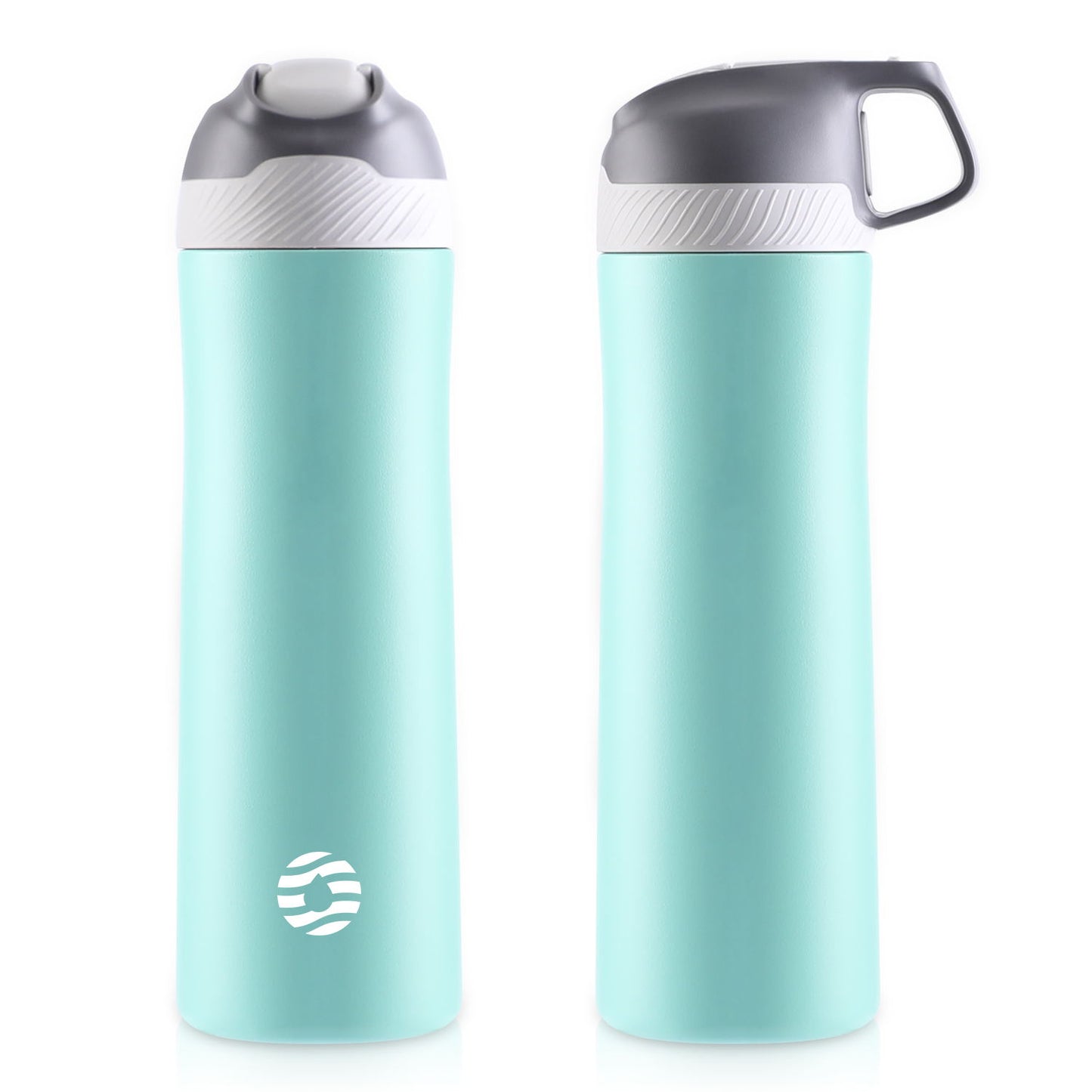 Das Bild zeigt zwei gruene Edelstahl-Thermosflaschen, eine mit geschlossenem und eine mit integriertem Griff im Deckel.