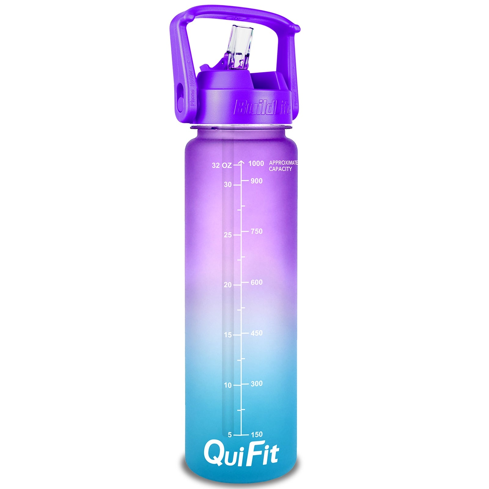 Eine Sporttrinkflasche mit einem Farbverlauf von Violett zu Blau, ausgestattet mit einem grossen Henkel und mit Zeitmarkierungen zur Fluessigkeitsueberwachung. Unten ist das Markenlogo "QuiFit" zu sehen.
