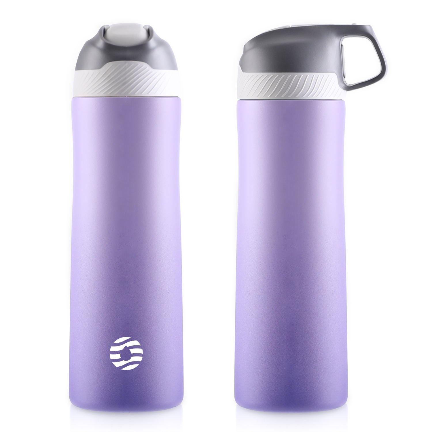 Das Bild zeigt zwei violette Edelstahl-Thermosflaschen, eine mit geschlossenem und eine mit integriertem Griff im Deckel.