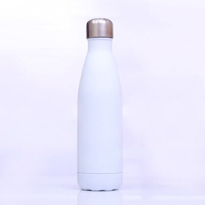 Das Bild zeigt eine weisse Edelstahl-Thermosflasche mit einem silbernen Deckel.