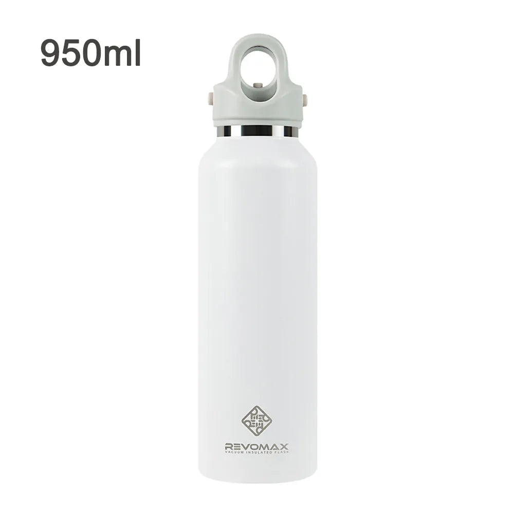 Das Bild zeigt eine weisse Edelstahl-Thermosflasche der Marke Revomax mit einem Fassungsvermoegen von 950 ml.