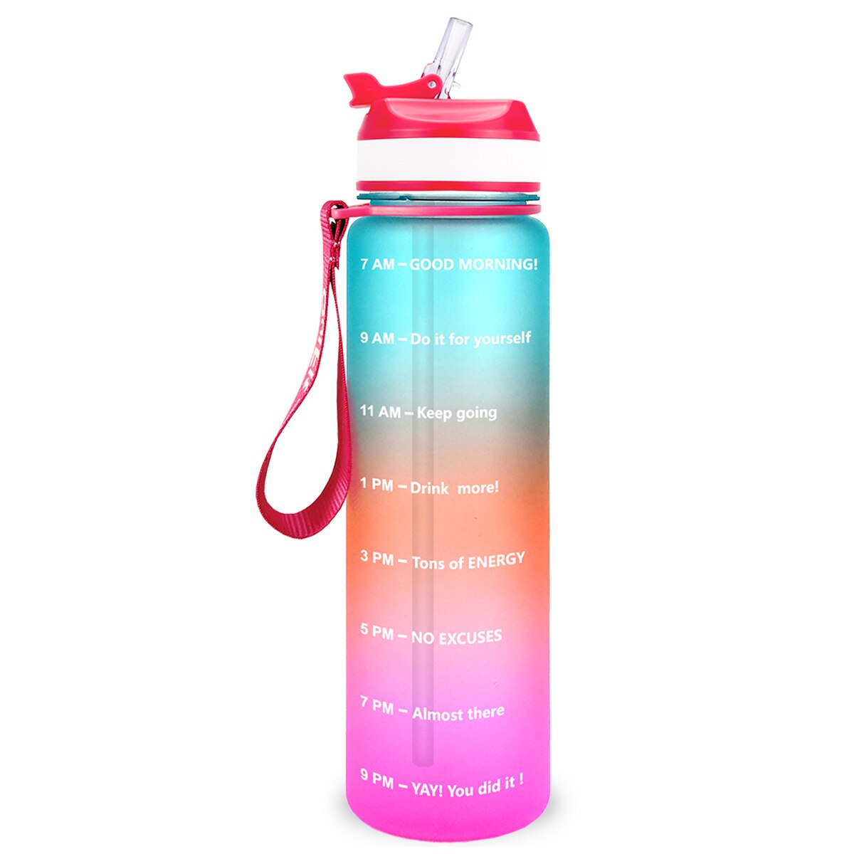 Eine orange-blaue-pinke Sporttrinkflasche mit einer Zeitmarkierungen sowie motivierenden Spruechen für verschiedene Tageszeiten. Die Flasche hat eine rote Trageschlaufe und einen Deckel mit einem aufklappbaren Trinkverschluss.