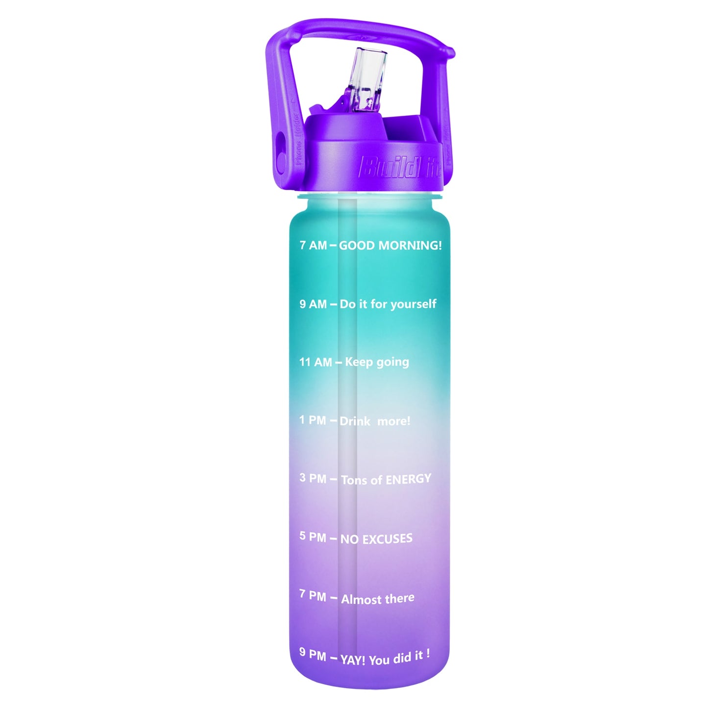 Eine Sporttrinkflasche mit einem Farbverlauf von Gruen zu Violett, ausgestattet mit einem grossen Henkel und mit Zeitmarkierungen zur Fluessigkeitsueberwachung. Unten ist das Markenlogo "QuiFit" zu sehen.