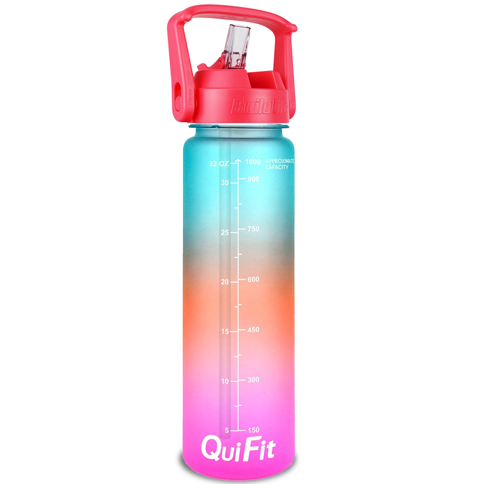 Eine Sporttrinkflasche mit einem Farbverlauf von Gruen ueber Orange zu Pink, ausgestattet mit einem grossen Henkel und mit Zeitmarkierungen zur Fluessigkeitsueberwachung. Unten ist das Markenlogo "QuiFit" zu sehen.