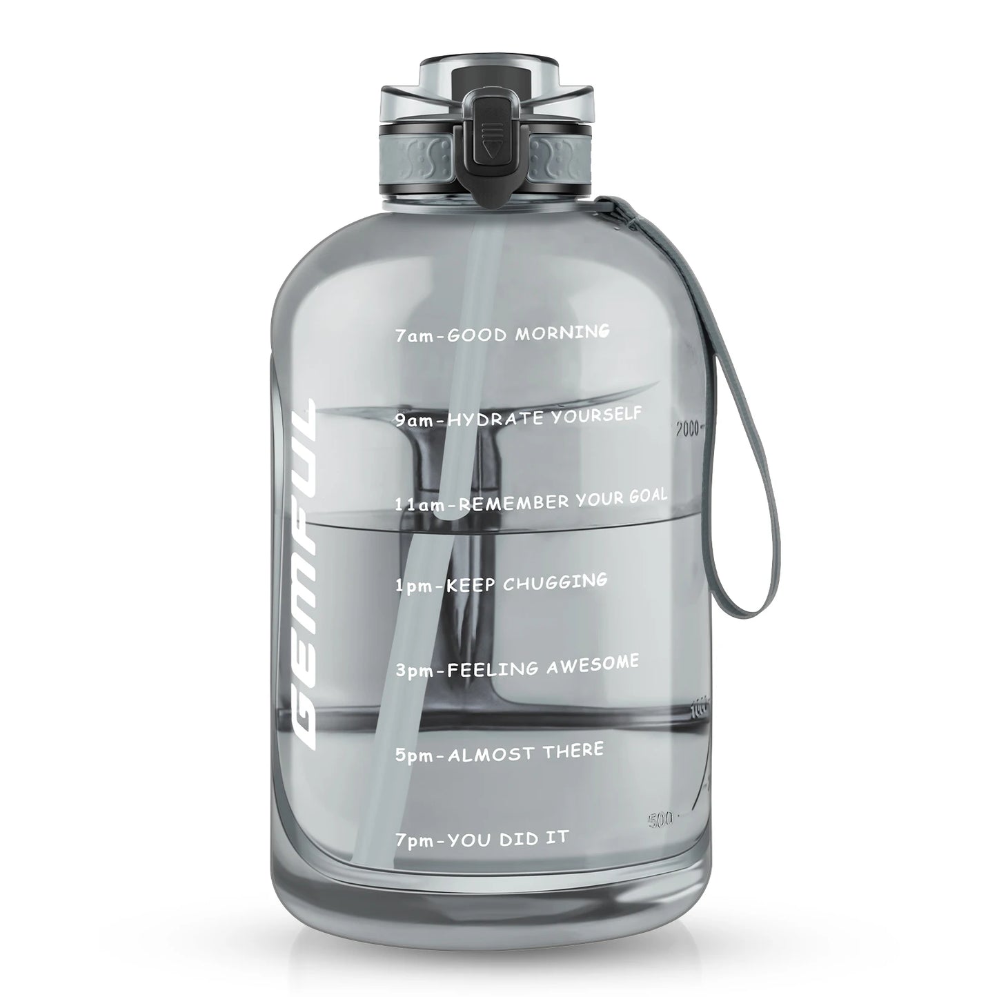 Eine graufarbene Wasserflasche mit Zeitmarkierungen und motivierenden Botschaften auf weißem Hintergrund.